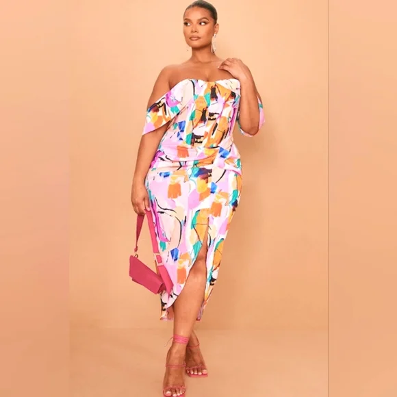 PrettyLittleThing | Dresses | Pretty Little Thing Multi Color Bardot Ruched  Side Midi Dress | Poshmark